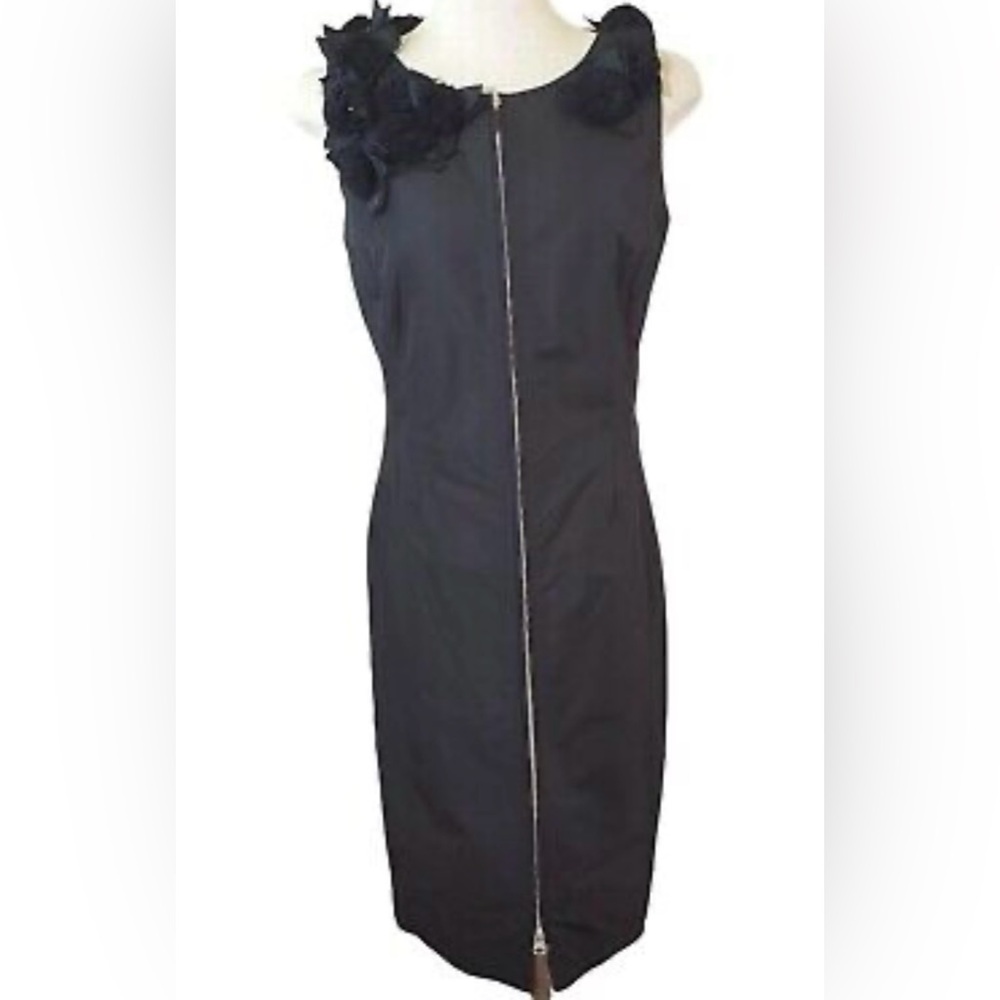 Escada Sport LBD Sleeveless Black Sheath Dress Front Zip Floral Applique 34 HTF